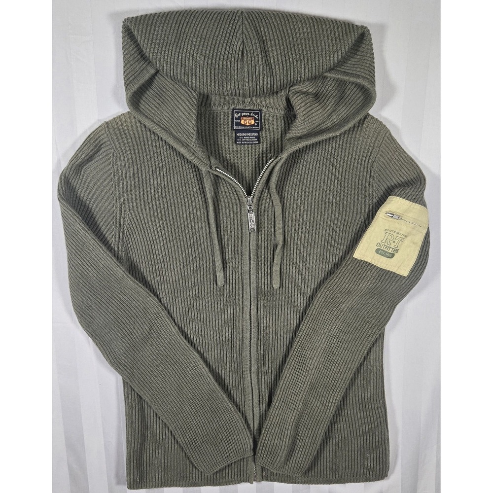 Y2K Route 66 Womens M Full Zip Jacket Ribbed Knit Ramie Cotton Olive